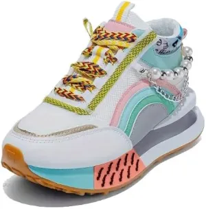 Women's Fashion Platform Mid-Top Sneakers with Sparkling Bead Chain - Breathable Mesh, Lace-Up Casual Shoes for All Seasons