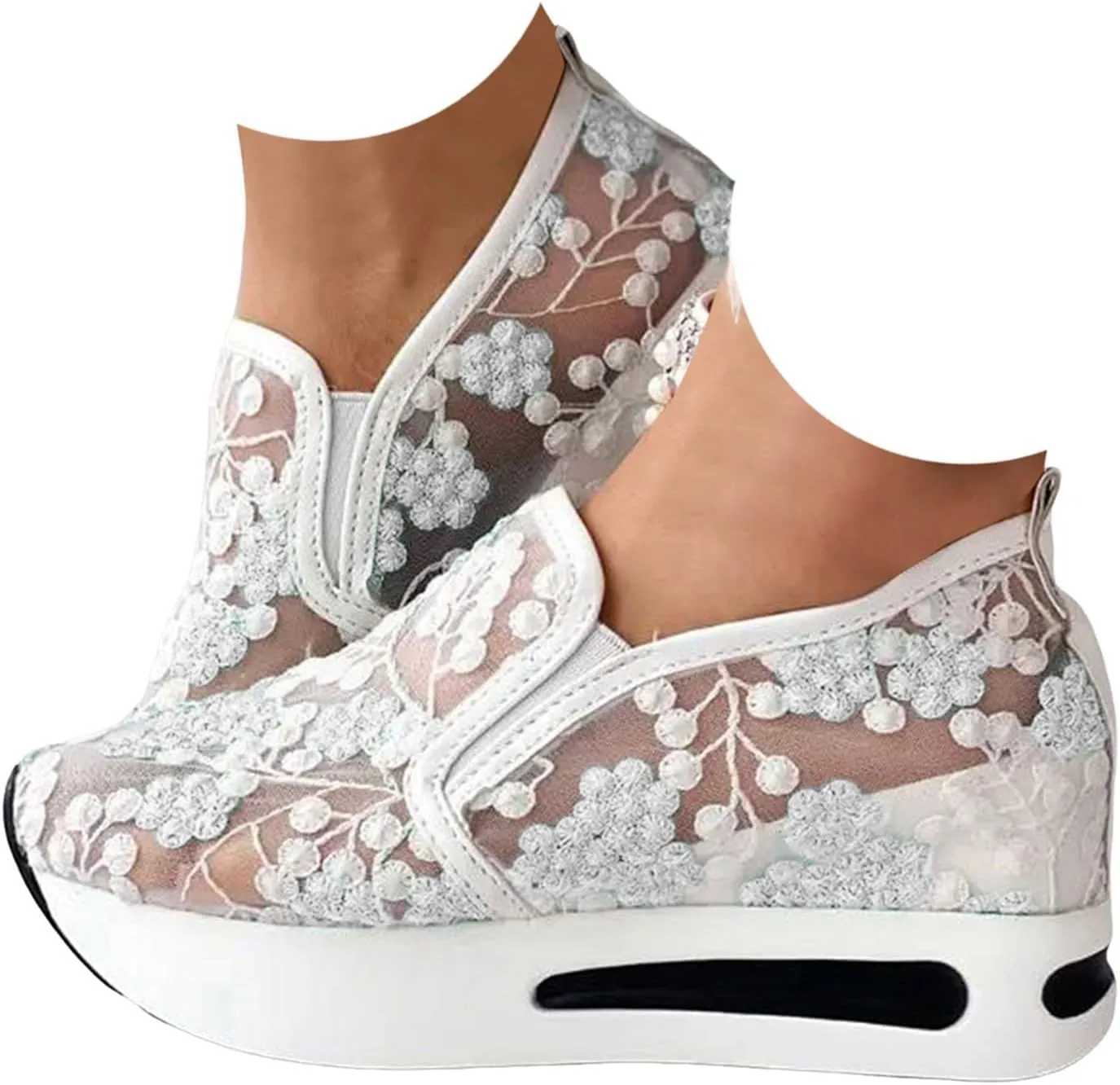 Women's Fashion Sneakers Dressy,Fashion Platform Shoes Floral Embroidery Breathable Sheer Mesh Wedge Sneakers,Platform Wedge Fashion Sneakers for Women