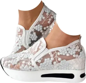 Women's Fashion Sneakers Dressy,Fashion Platform Shoes Floral Embroidery Breathable Sheer Mesh Wedge Sneakers,Platform Wedge Fashion Sneakers for Women