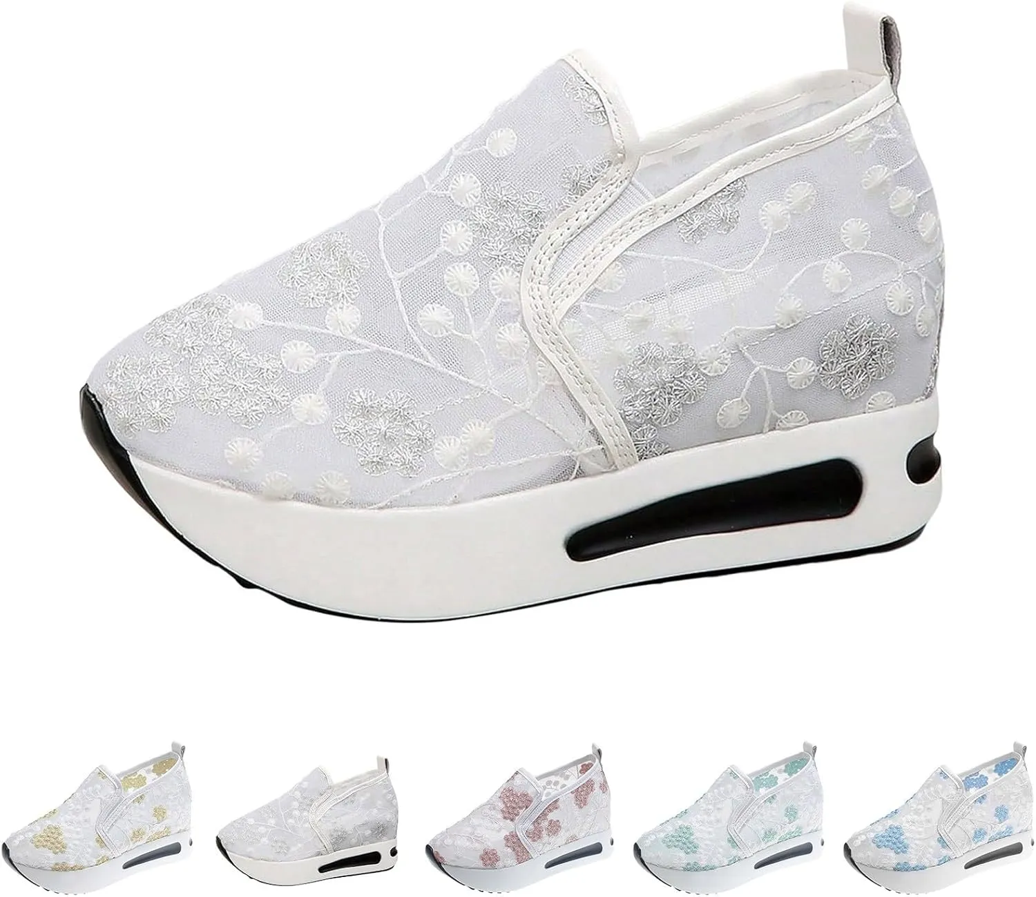 Women's Fashion Sneakers Dressy,Fashion Platform Shoes Floral Embroidery Breathable Sheer Mesh Wedge Sneakers,Platform Wedge Fashion Sneakers for Women