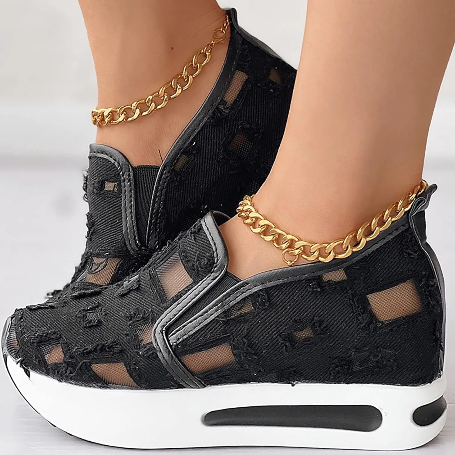 Women's Fashion Sneakers Dressy,Fashion Platform Shoes Floral Embroidery Breathable Sheer Mesh Wedge Sneakers,Platform Wedge Fashion Sneakers for Women