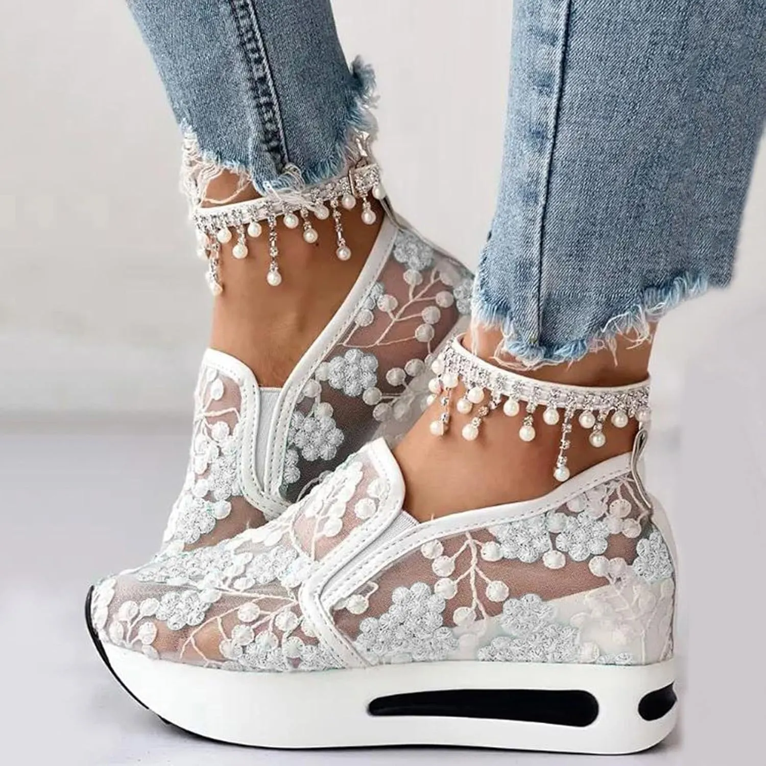 Women's Fashion Sneakers Dressy,Fashion Platform Shoes Floral Embroidery Breathable Sheer Mesh Wedge Sneakers,Platform Wedge Fashion Sneakers for Women