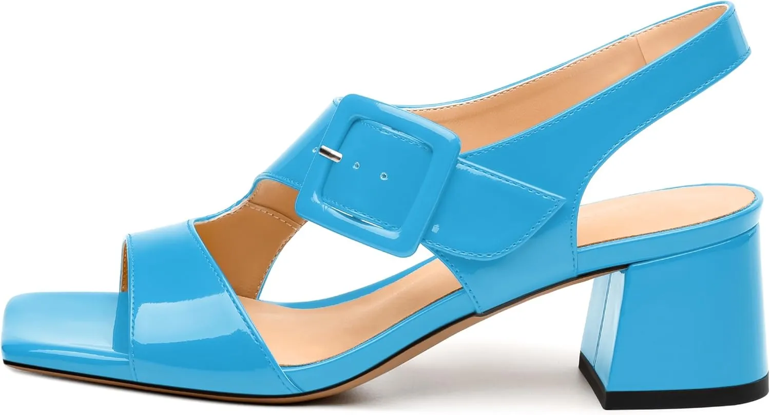Womens Heeled Sandals Shoes, Square Peep Toe Mid Block Heel Ankle Strap Sandals for Women, Leather Insole Chunky Heel Sandals with Buckle 2"
