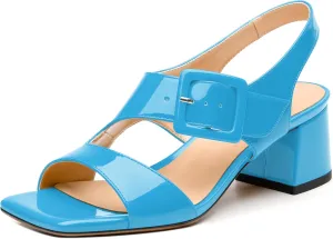 Womens Heeled Sandals Shoes, Square Peep Toe Mid Block Heel Ankle Strap Sandals for Women, Leather Insole Chunky Heel Sandals with Buckle 2"