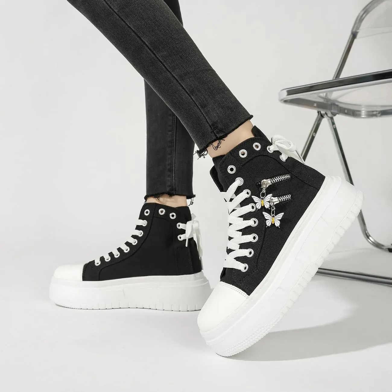 Womens High Top Sneakers Platform Metal Zipper Canvas Shoes Casual Lace up Sneakers