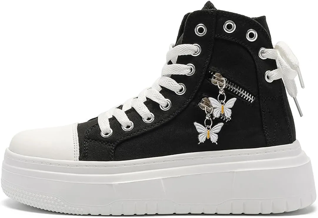 Womens High Top Sneakers Platform Metal Zipper Canvas Shoes Casual Lace up Sneakers
