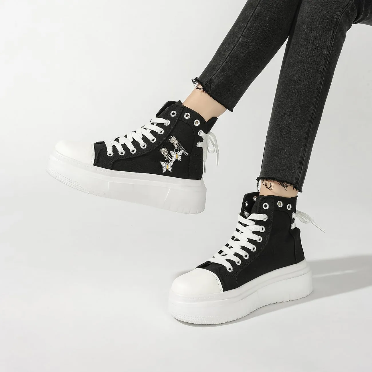 Womens High Top Sneakers Platform Metal Zipper Canvas Shoes Casual Lace up Sneakers