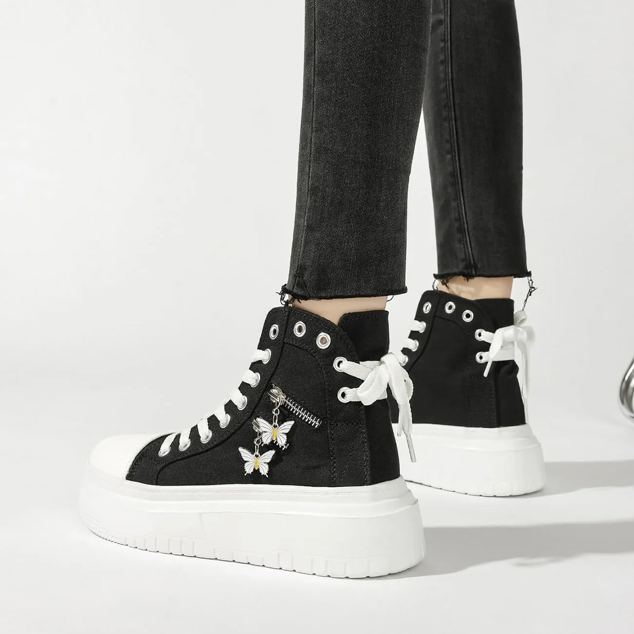 Womens High Top Sneakers Platform Metal Zipper Canvas Shoes Casual Lace up Sneakers