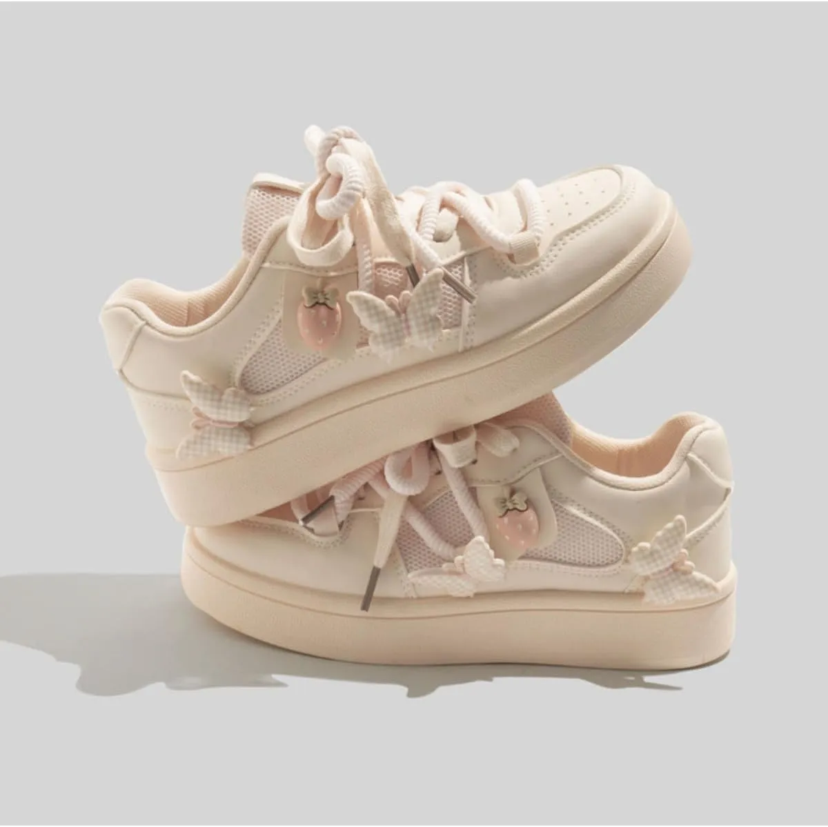 Women's Kawaii Platform Sneakers - Cute Strawberry & Butterfly Charm Shoes - Soft Cream Low-Top Fashion Trainers for Teens and Women
