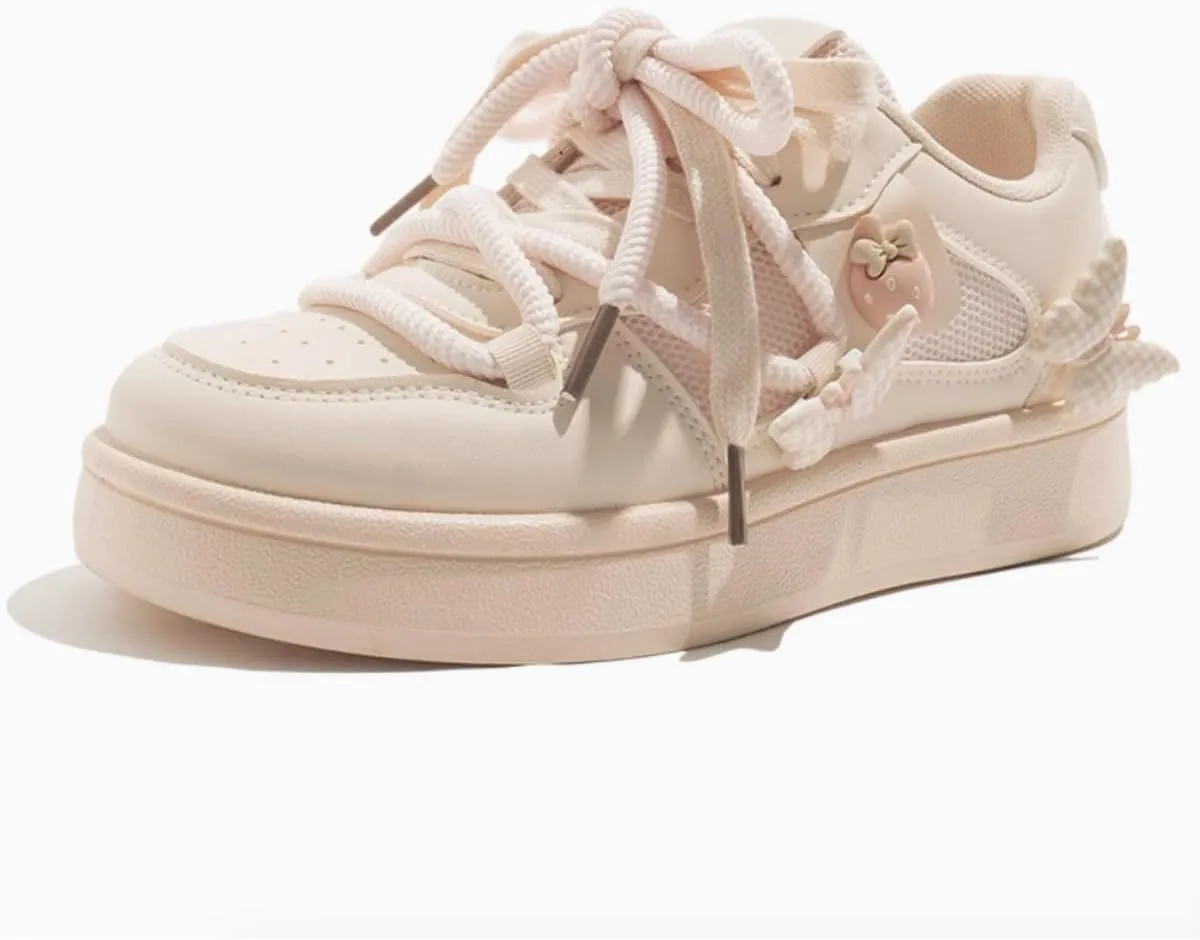 Women's Kawaii Platform Sneakers - Cute Strawberry & Butterfly Charm Shoes - Soft Cream Low-Top Fashion Trainers for Teens and Women