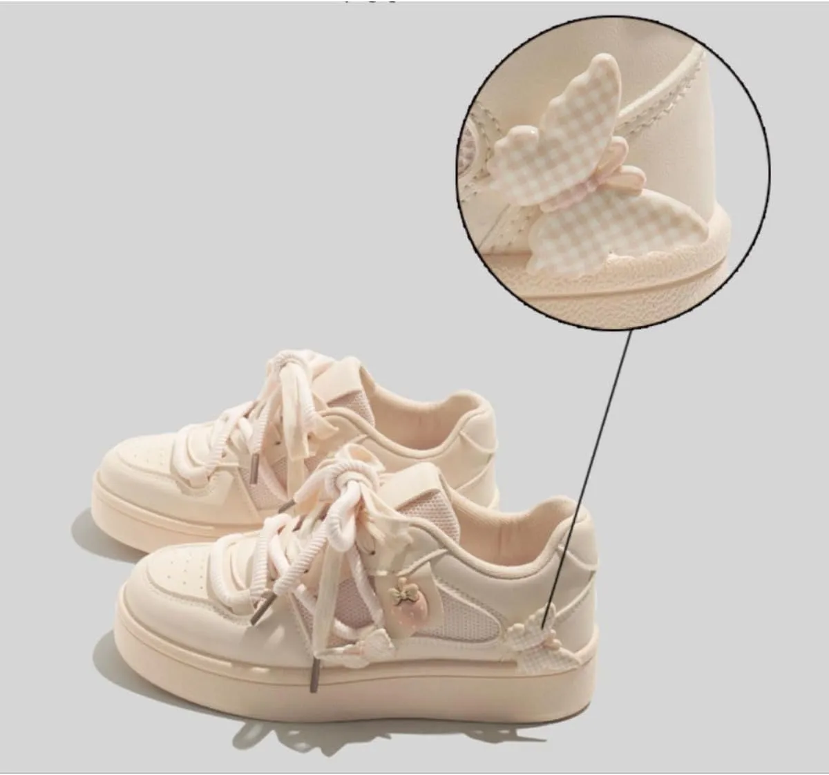Women's Kawaii Platform Sneakers - Cute Strawberry & Butterfly Charm Shoes - Soft Cream Low-Top Fashion Trainers for Teens and Women