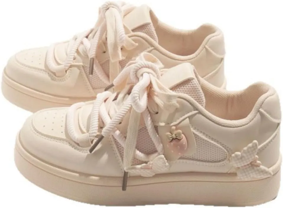 Women's Kawaii Platform Sneakers - Cute Strawberry & Butterfly Charm Shoes - Soft Cream Low-Top Fashion Trainers for Teens and Women