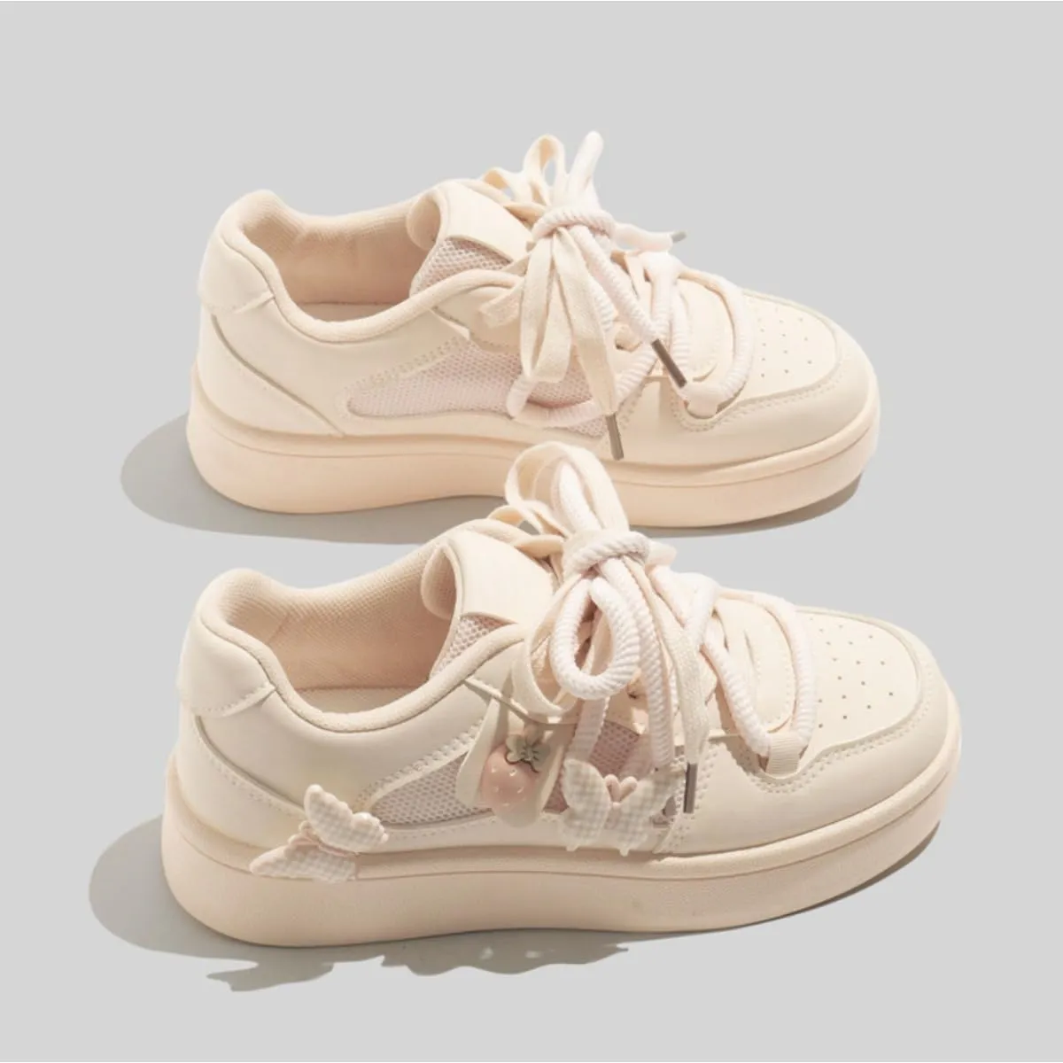 Women's Kawaii Platform Sneakers - Cute Strawberry & Butterfly Charm Shoes - Soft Cream Low-Top Fashion Trainers for Teens and Women