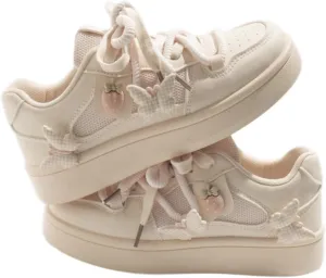 Women's Kawaii Platform Sneakers - Cute Strawberry & Butterfly Charm Shoes - Soft Cream Low-Top Fashion Trainers for Teens and Women