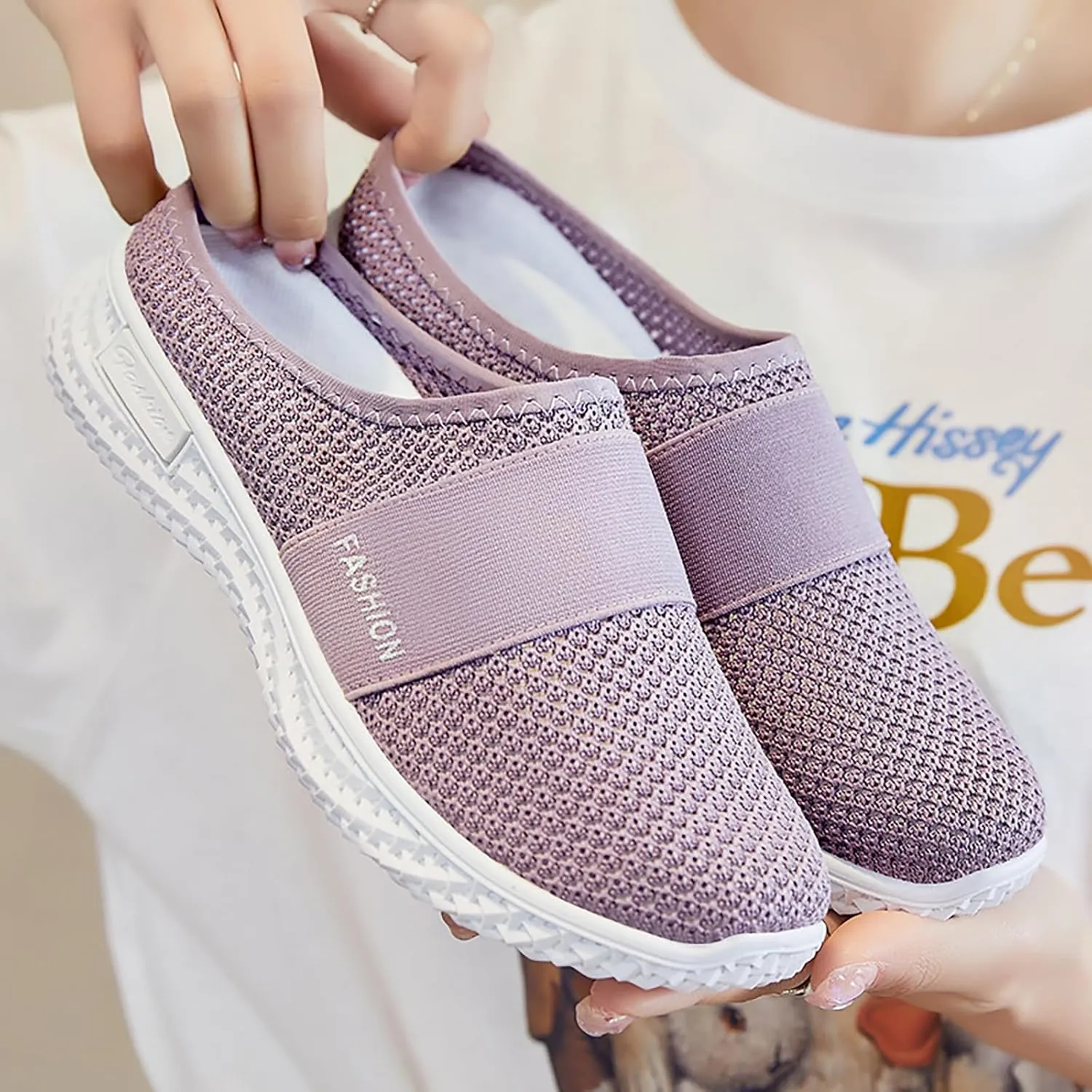 Women's Knitted Mesh Flat Mules,Fashion Backless Breathable Mesh Fabric Non-Slip Soft Soles Comfort Slip-on Outdoor Walking Sneakers Slippers