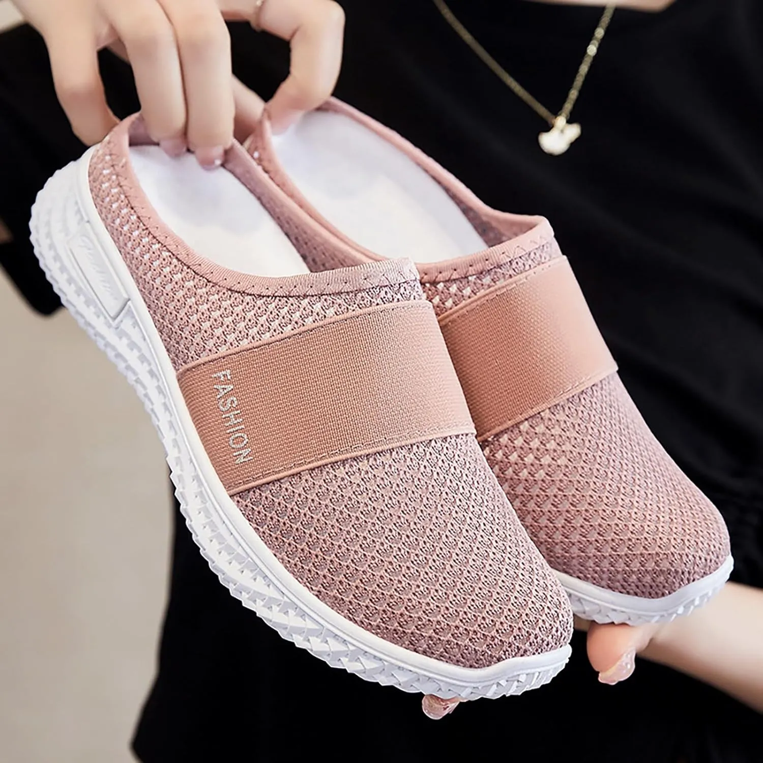 Women's Knitted Mesh Flat Mules,Fashion Backless Breathable Mesh Fabric Non-Slip Soft Soles Comfort Slip-on Outdoor Walking Sneakers Slippers