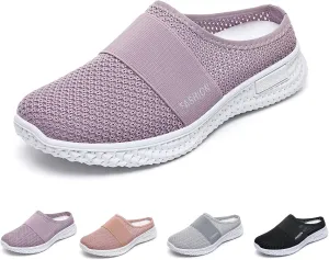 Women's Knitted Mesh Flat Mules,Fashion Backless Breathable Mesh Fabric Non-Slip Soft Soles Comfort Slip-on Outdoor Walking Sneakers Slippers