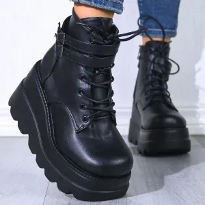 Women's Lace up Platform Goth Boots, Punk Wedge High Heel Combat Boots Booties, Gothic Ankle Boots Shoes