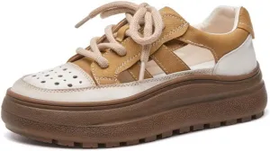 Women's Leather Lace Up Cutout Platform Increasing Sneakers Closed Toe Perforation Comfortable Low Top Non-Slip Casual Shoes for Traveling Vacation Hiking
