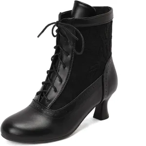 Women's Leather Lace up Victorian Kitten Heel Ankle Boots Comfortable Round Toe Embroidered Breathable Non Slip Vintage Booties for Party Prom Evening Witch Boots