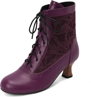 Women's Leather Lace up Victorian Kitten Heel Ankle Boots Comfortable Round Toe Embroidered Breathable Non Slip Vintage Booties for Party Prom Evening Witch Boots