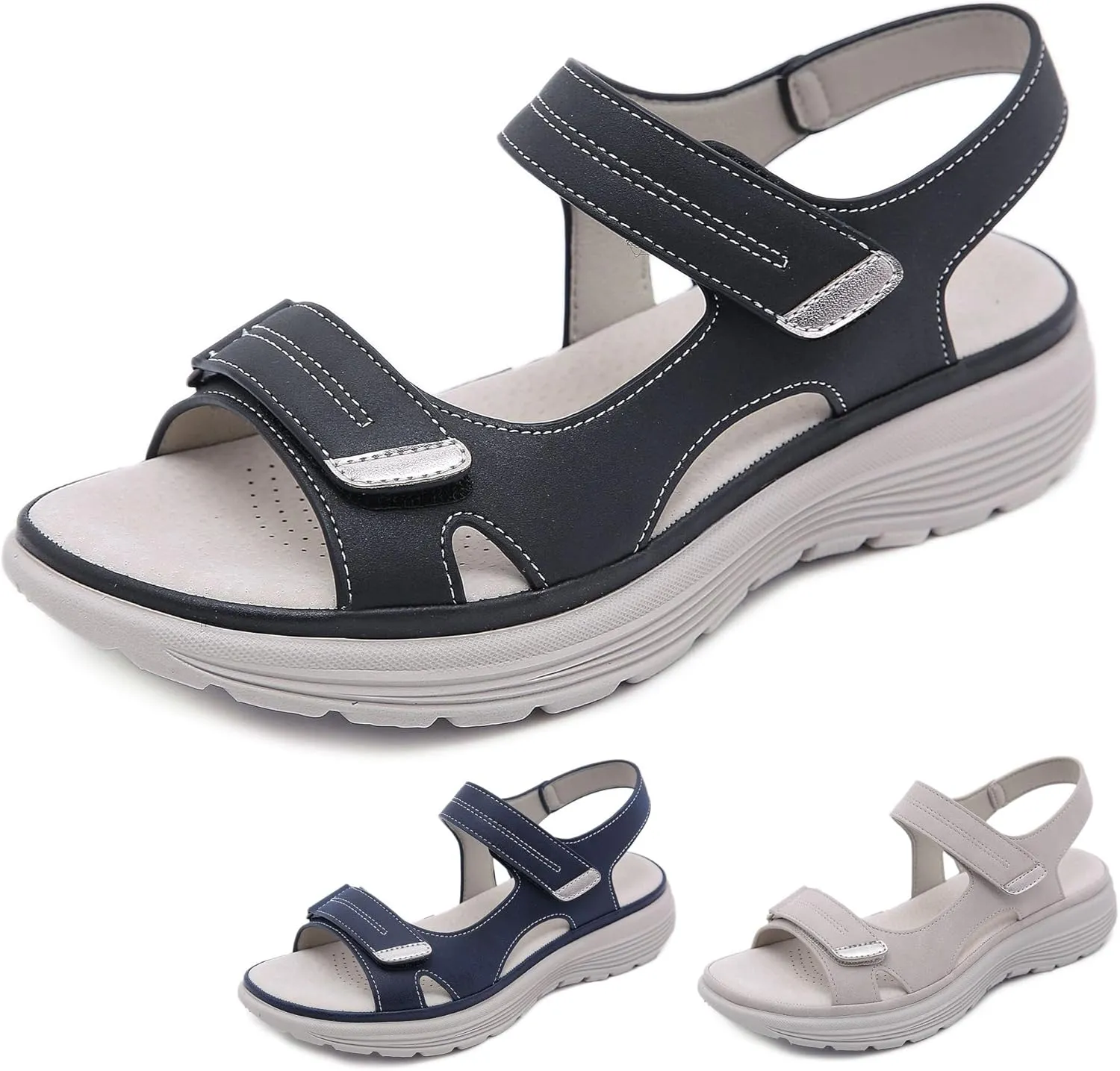 Women's Leather Platform Casual Orthopedic Sandals Fashion Comfortable Hook Loop Non Slip Outdoor Wedge Walking Sandals for Mam Work Outdoor