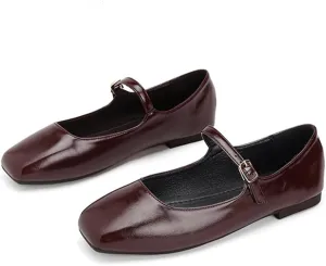 Women's Mary Jane Ballet Flats, Pink Leather, Square Toe, Buckle Strap