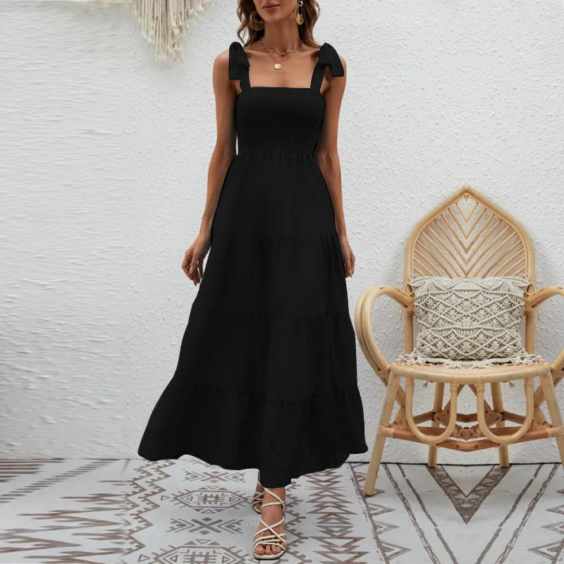 Women’s Maxi Dress – Smocked Bodice – Tiered Hem – Floral Print – Tie Strap Fit