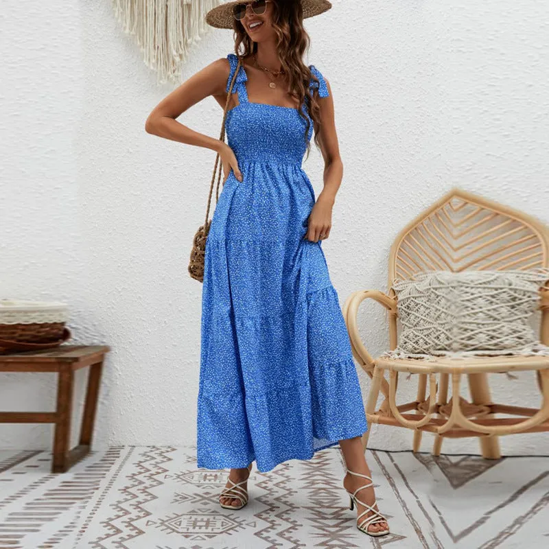 Women’s Maxi Dress – Smocked Bodice – Tiered Hem – Floral Print – Tie Strap Fit