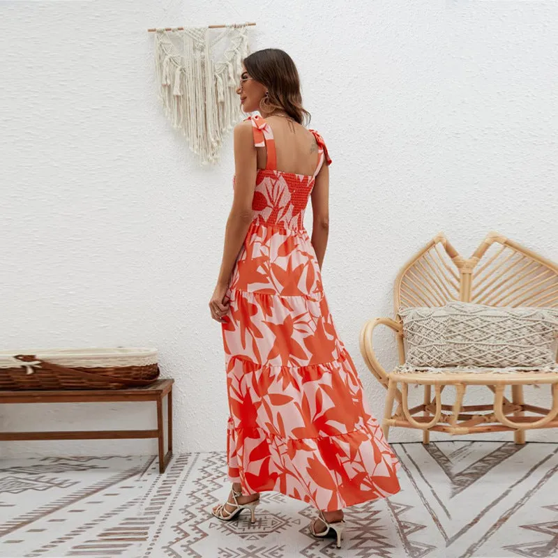 Women’s Maxi Dress – Smocked Bodice – Tiered Hem – Floral Print – Tie Strap Fit