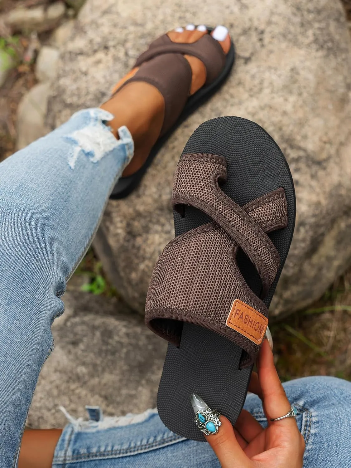 Womens Mesh Slip-On Flat Flip Flops Hollow Mesh Slide Sandals for Woman Summer Beach Slipper Sandals for Women