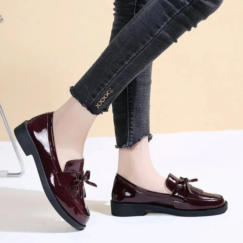 Women's Patent Leather Loafers – British Style with Tassels and Bowknot, Casual Flat Shoes, Comfortable Small Leather Shoes