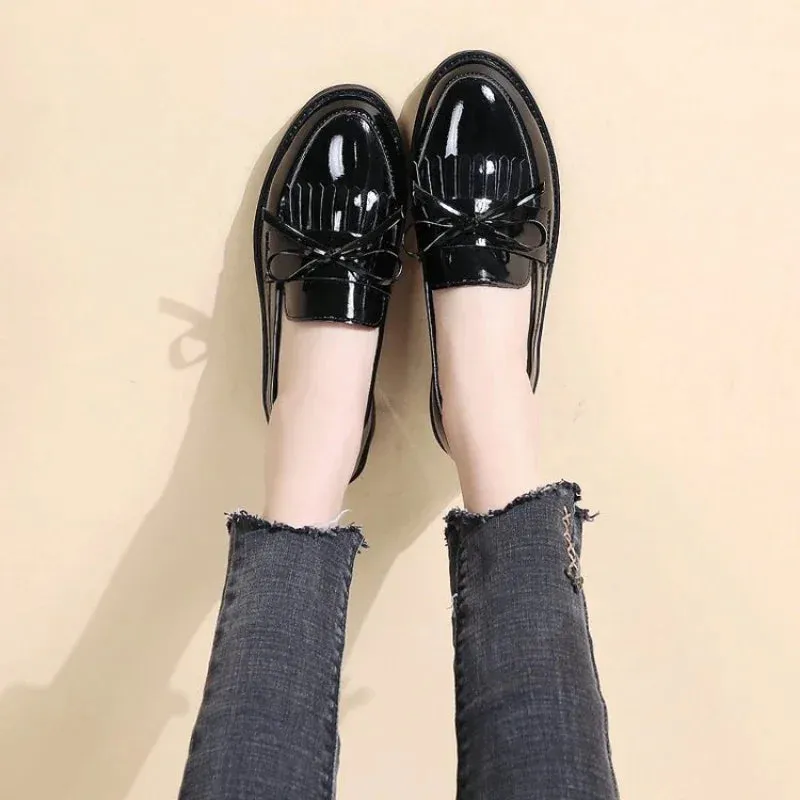 Women's Patent Leather Loafers – British Style with Tassels and Bowknot, Casual Flat Shoes, Comfortable Small Leather Shoes