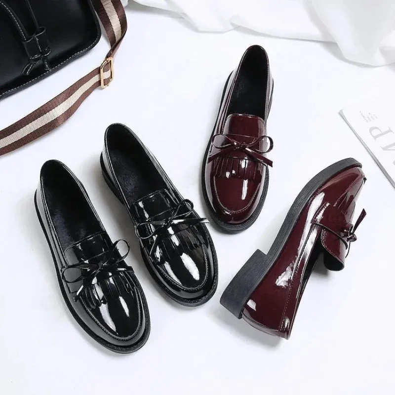 Women's Patent Leather Loafers – British Style with Tassels and Bowknot, Casual Flat Shoes, Comfortable Small Leather Shoes
