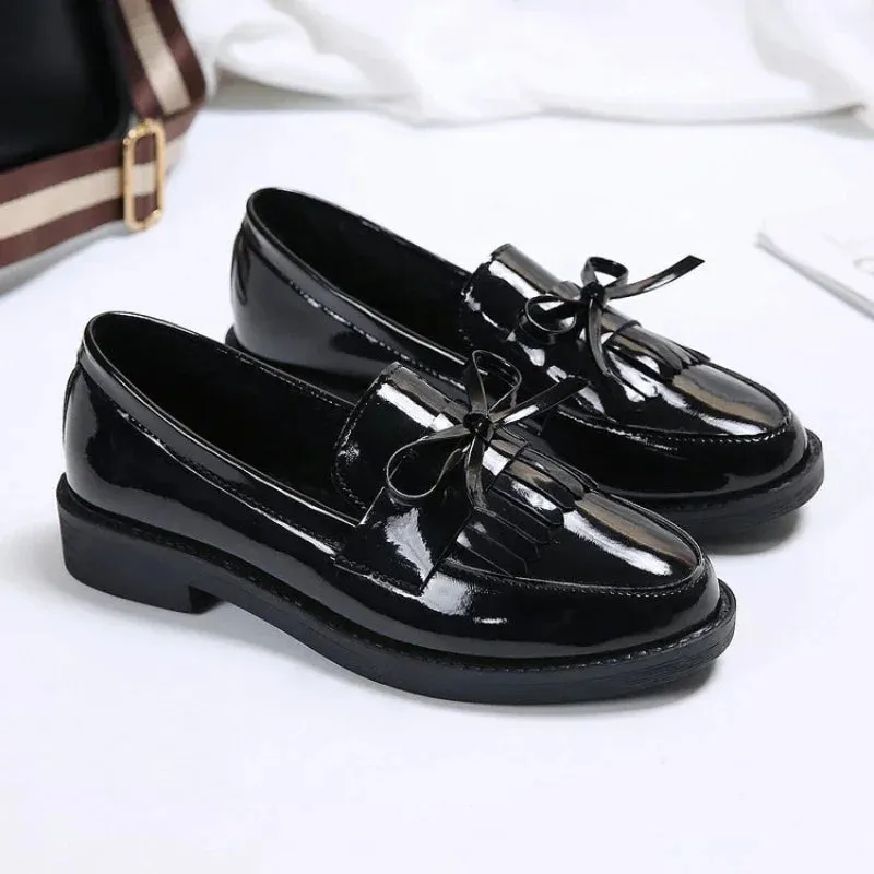 Women's Patent Leather Loafers – British Style with Tassels and Bowknot, Casual Flat Shoes, Comfortable Small Leather Shoes