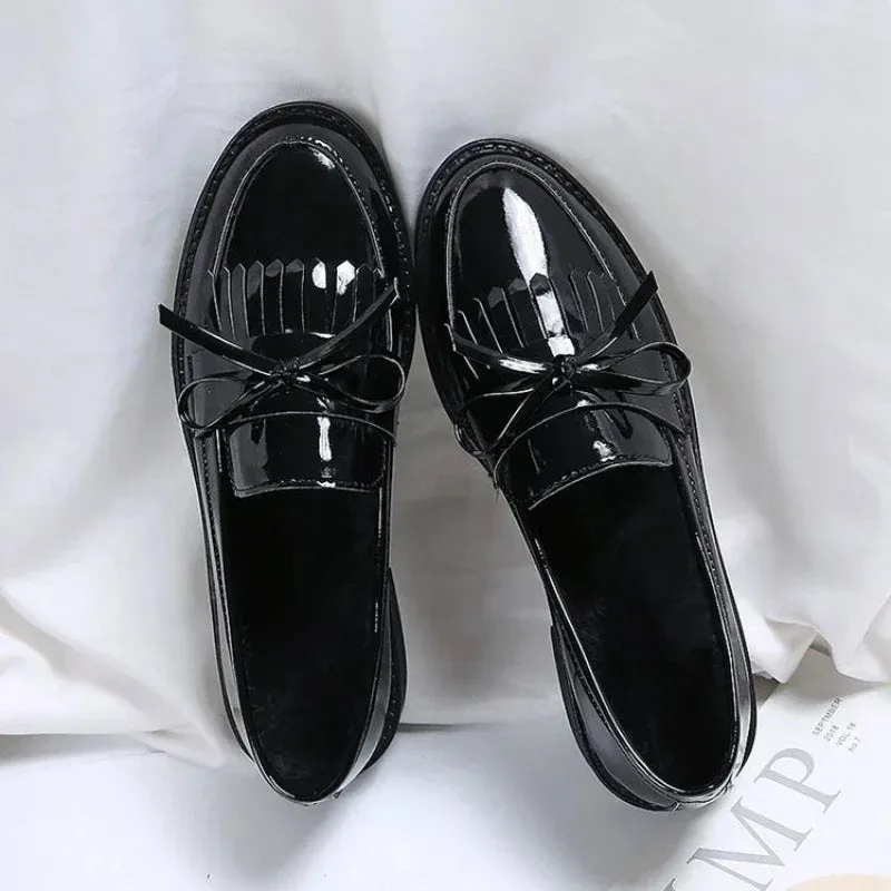 Women's Patent Leather Loafers – British Style with Tassels and Bowknot, Casual Flat Shoes, Comfortable Small Leather Shoes