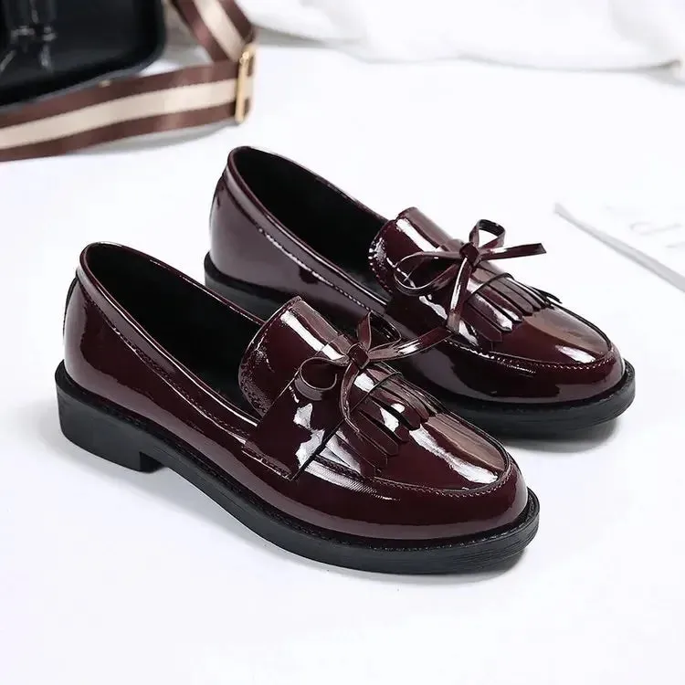 Women's Patent Leather Loafers – British Style with Tassels and Bowknot, Casual Flat Shoes, Comfortable Small Leather Shoes