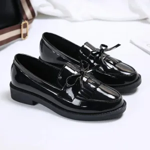 Women's Patent Leather Loafers – British Style with Tassels and Bowknot, Casual Flat Shoes, Comfortable Small Leather Shoes