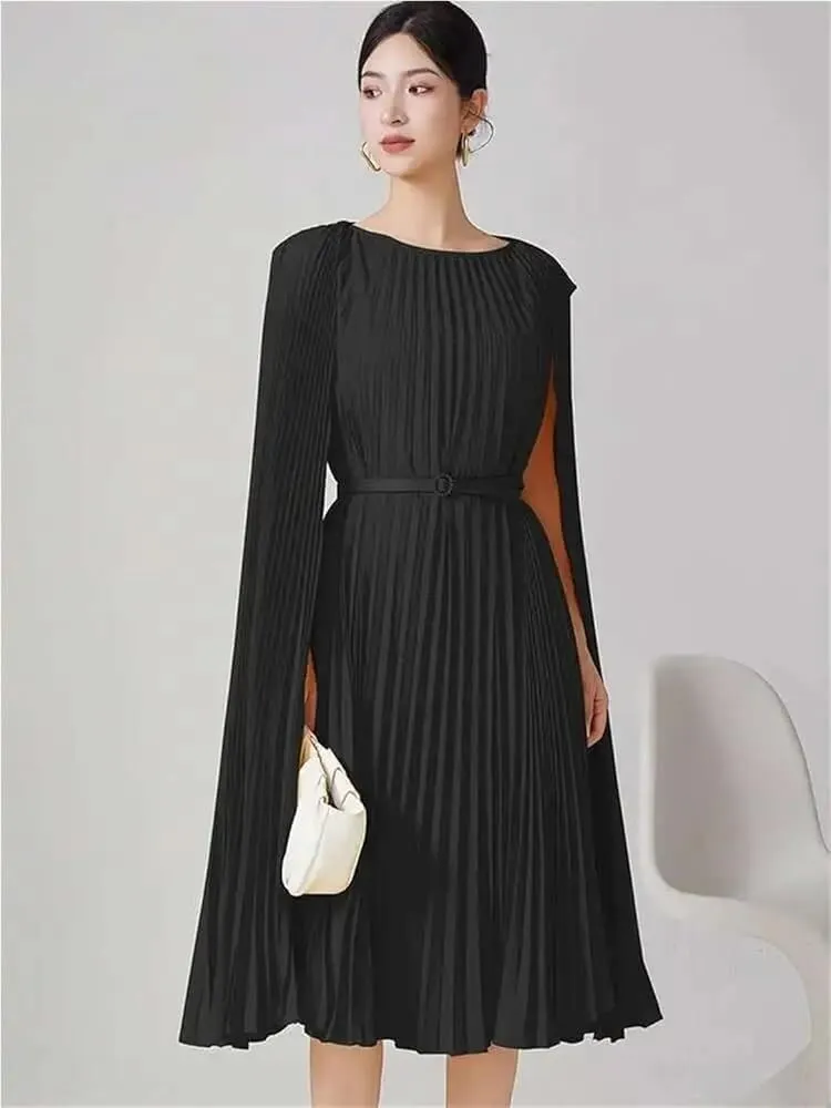 Women's Pleated Stitching Belt Dress Mid Length Solid Irregular Casual Elegant Wrap Dress