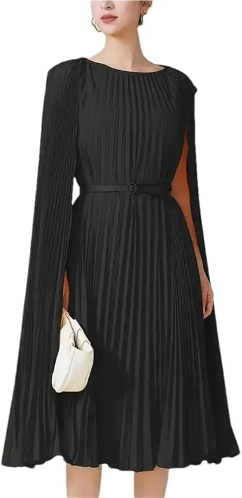 Women's Pleated Stitching Belt Dress Mid Length Solid Irregular Casual Elegant Wrap Dress