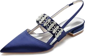 Womens Pointed Toe Wedding Flats Crystal Slingback Satin Prom Evening Bridal Party Dress Flats