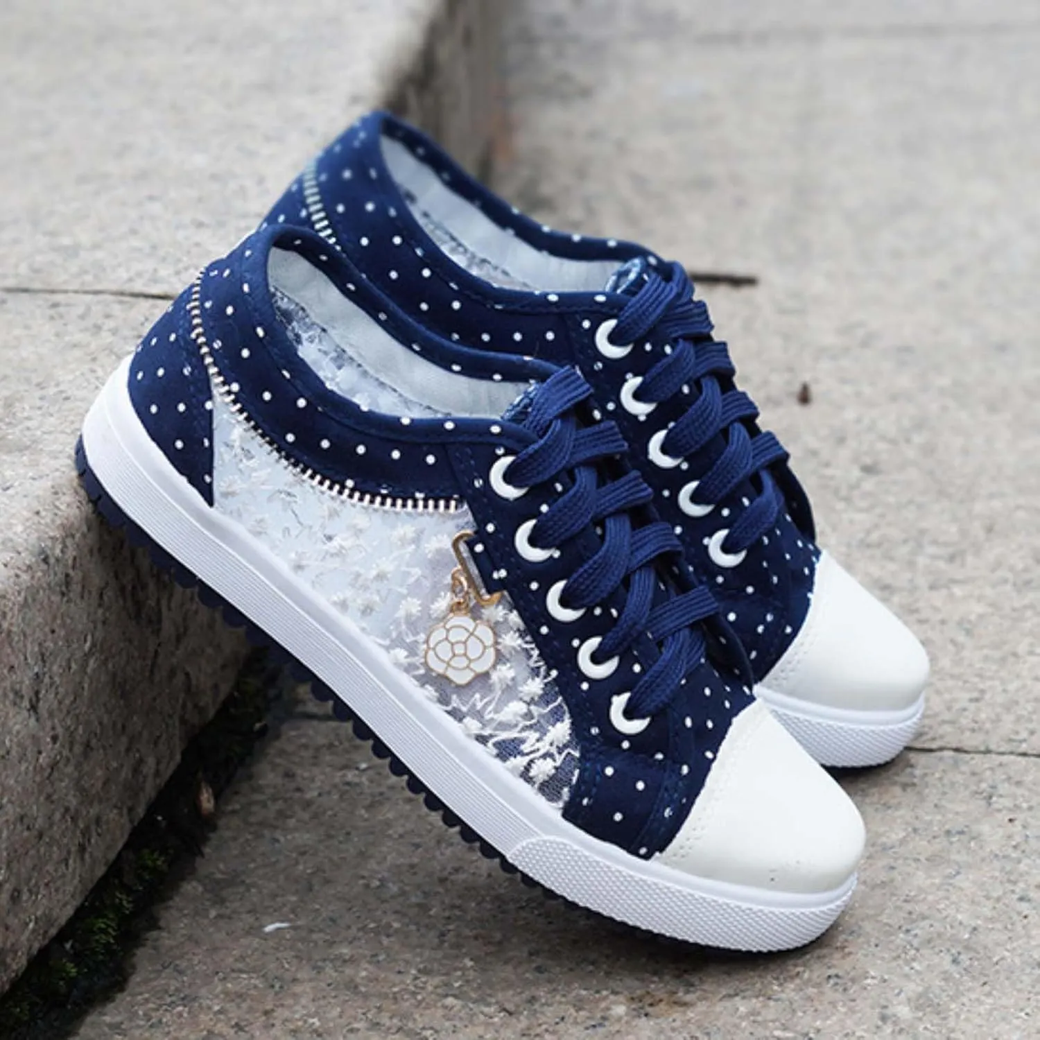 Women's Polka Dot Lace-Up Denim Mesh Sneakers | Casual Flat Canvas Shoes - Breathable Comfort for Everyday Wear