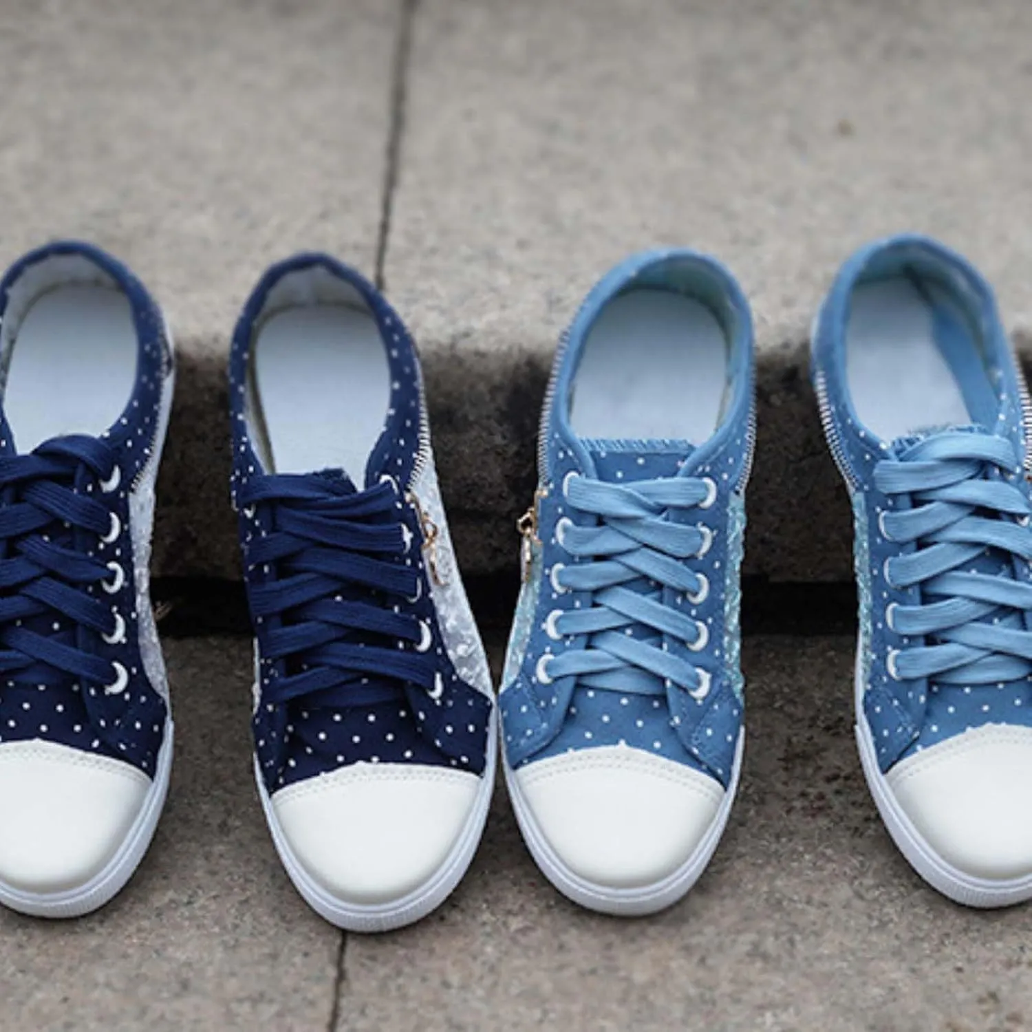 Women's Polka Dot Lace-Up Denim Mesh Sneakers | Casual Flat Canvas Shoes - Breathable Comfort for Everyday Wear