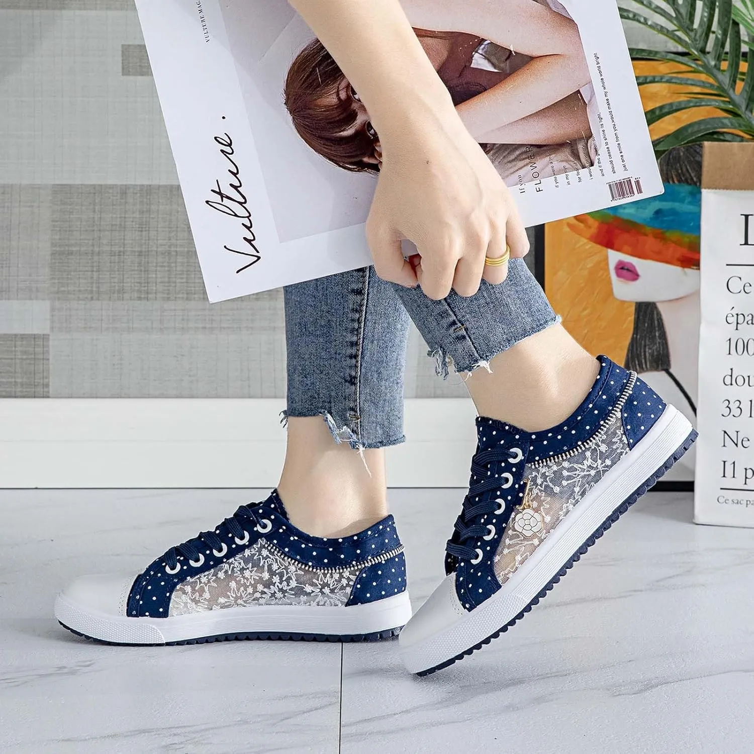 Women's Polka Dot Lace-Up Denim Mesh Sneakers | Casual Flat Canvas Shoes - Breathable Comfort for Everyday Wear