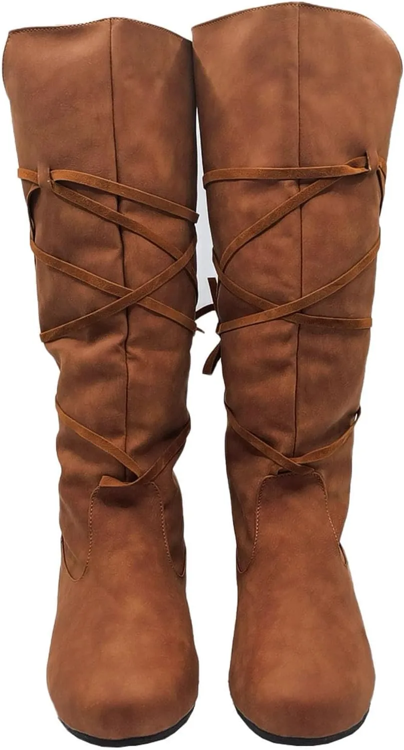 Women‘s Renaissance Boots Medieval Cosplay Halloween Vintage Stage Pirate Viking Tied Boots Shoes