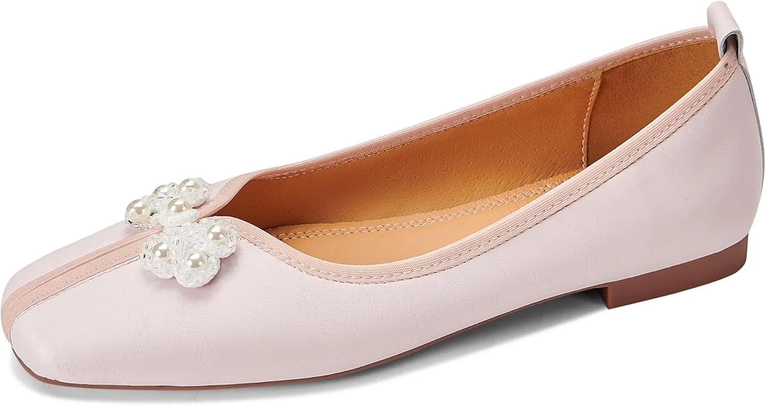 Womens Retro Ballet Flats Classic Slip on Pearl Embroidered Ballerina Shoes Comfortable Soft Square Toe Bride Wedding Dress Flats