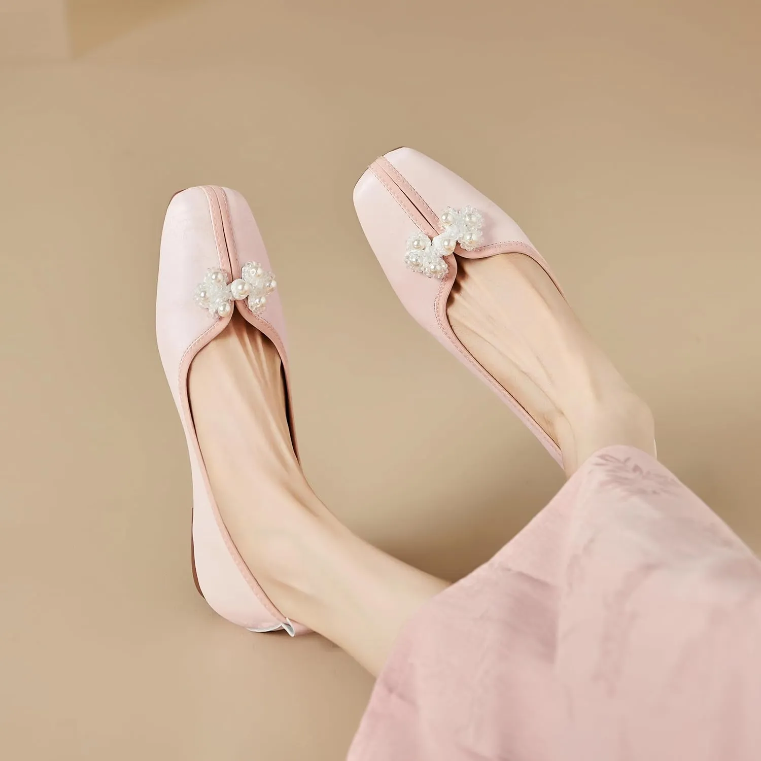 Womens Retro Ballet Flats Classic Slip on Pearl Embroidered Ballerina Shoes Comfortable Soft Square Toe Bride Wedding Dress Flats