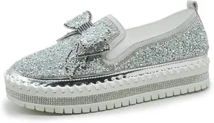 Women's Rhinestones Glitter Platform Slip On Sneakers Casual Cute Bowknot Shiny Walking Shoes Handmade Non-Slip Comfortable Dress Flat Loafers