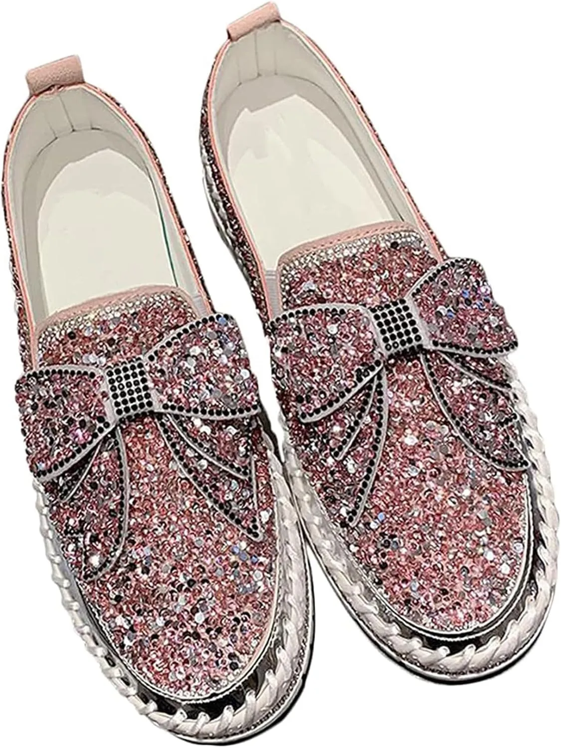 Women's Rhinestones Glitter Platform Slip On Sneakers Casual Cute Bowknot Shiny Walking Shoes Handmade Non-Slip Comfortable Dress Flat Loafers