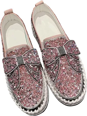 Women's Rhinestones Glitter Platform Slip On Sneakers Casual Cute Bowknot Shiny Walking Shoes Handmade Non-Slip Comfortable Dress Flat Loafers